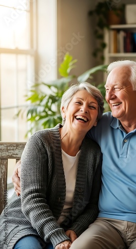 Joyful elderly couple sharing a warm moment at home.