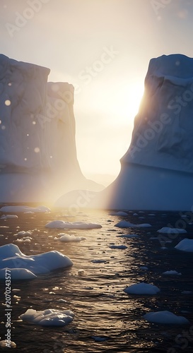 Arctic Sunrise Between Ice Cliffs Over Cold Water.