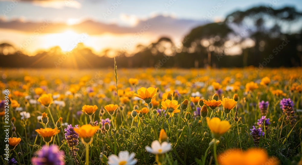 Obraz premium Field of vibrant wildflowers in golden hour light, showcasing a tapestry of orange, white, and purple blooms, symbolizing nature's beauty and renewal