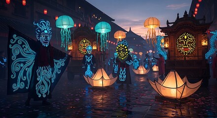 Moonlit Lantern Festival On Water With Glowing Boats And Archways.