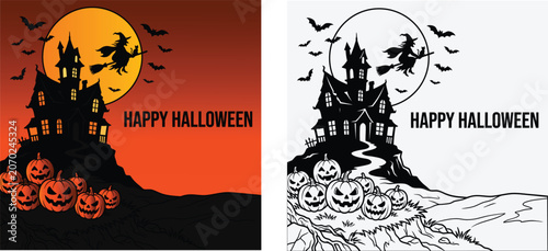 Spooky 2026 happy halloween vector banner set featuring haunted house pumpkin patch flying witch full moon bats silhouette icon line art illustrations for seasonal design.