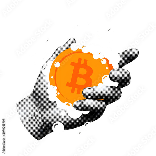 Hand washing cryptocurrency coin representing digital financial market purification and art 3d