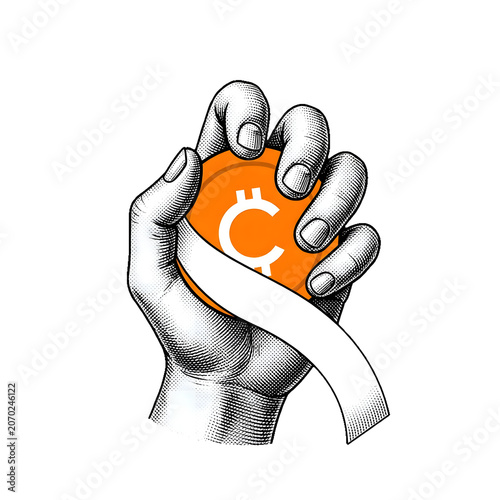 Hand wrapping cryptocurrency coin representing careful packaging of secure digital finance