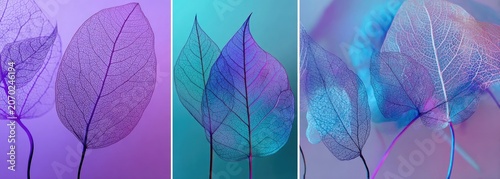 Three panels showcasing ethereal, translucent leaf skeletons against vibrant, gradient backgrounds