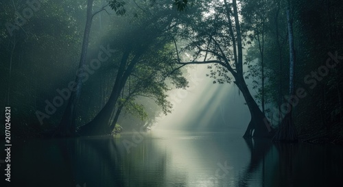 Ethereal morning mist over a calm river in a dense forest with sunbeams.