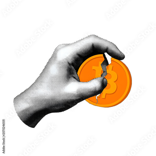 Hand cracking damaged cryptocurrency coin representing volatile digital financial market crash