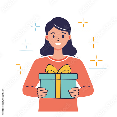 Woman holding gift box with yellow bow, flat vector illustration