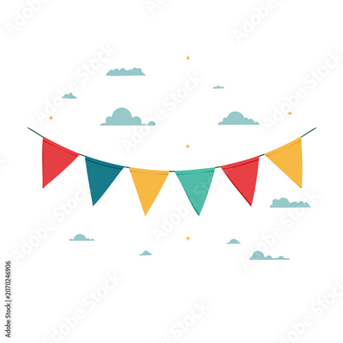 Colorful bunting flags with clouds and stars