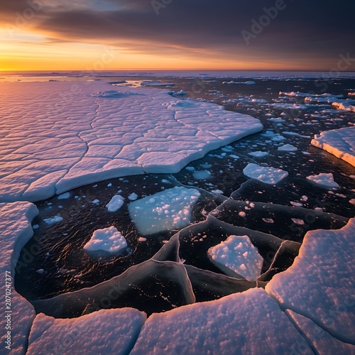 Cracked Ice Floes at Sunset on Frozen Sea.