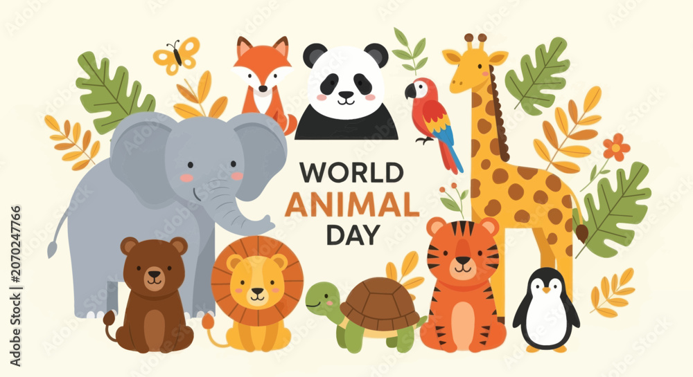 Naklejka premium World animal day illustration with cute cartoon animals