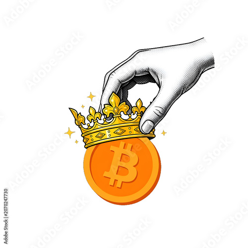 Hand placing crown on golden coin representing supreme market dominance and financial victory