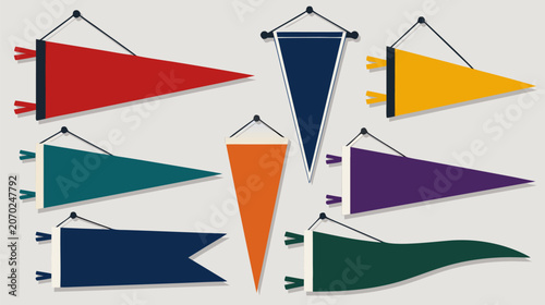 Minimalist blank sports pennant flag hanging on a wall, flat vector illustration of a triangular felt banner for team logos, athletic achievements, and championship decorations.
