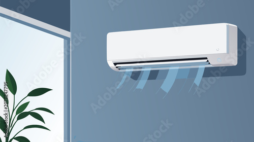 Contemporary Wall Mounted Air Conditioner Unit Releasing Cool Fresh Air, Flat Vector Illustration Representing Climate Control, Indoor Comfort, Energy Efficiency, and Modern Home Appliances Setup.