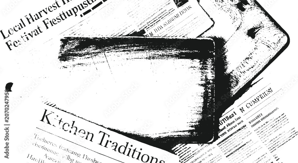 Fototapeta premium Black and white textured overlay of overlapping newspapers with visible headlines and text