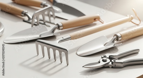 Assorted Gardening Tools And Implements Lined Up On White Surface.