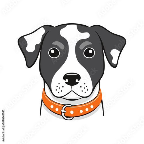 Black and white dog head illustration with orange collar