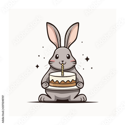 Cartoon Rabbit Holding Birthday Cake with Candle