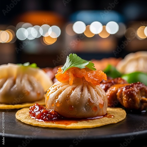 Gourmet Dumplings with Crispy Base and Fresh Herb Garnish.