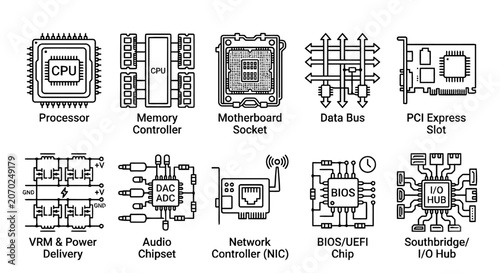 Computer Hardware Components Line Art Vector Set
