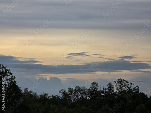 Sunset sky clouds in the Evening with Golden orange sunlight in golden hour, Dusk sky background