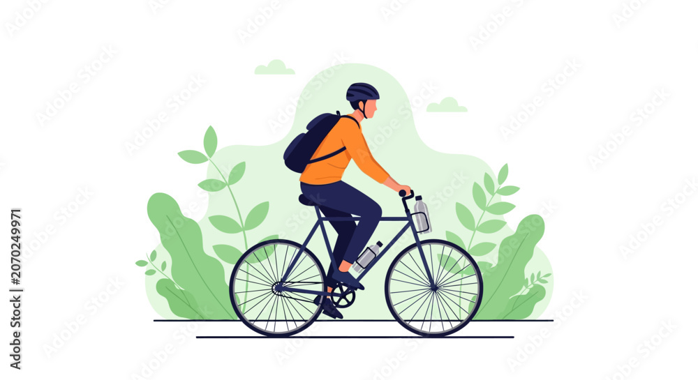 Fototapeta premium Man riding a bicycle with a backpack on a path.