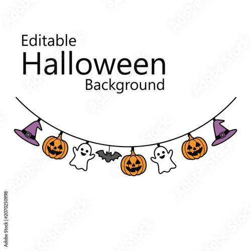 Editable 2026 happy halloween vector background featuring cute hanging garland with pumpkins ghosts bats witch hats, festive autumn banner template for creative holiday design.