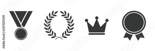 Obraz na płótnie laurel wreath crown medal and rosette silhouette icons, award achievement and winner recognition symbols, classic victory badge set, simple modern vector artwork isolated on white background