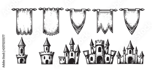 Φωτογραφία Medieval Castle Towers and Banners Set Hand Drawn Vector Illustration