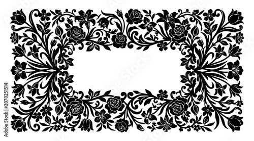 Floral Silhouette Border Frame with Roses and Lilies