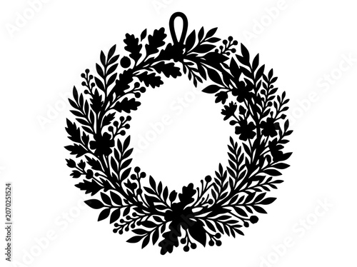 Floral Wreath Silhouette with Leaves and Berries Vector Illustration
