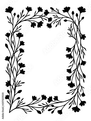 Floral silhouette rectangular frame border with hand drawn flowers and leaves