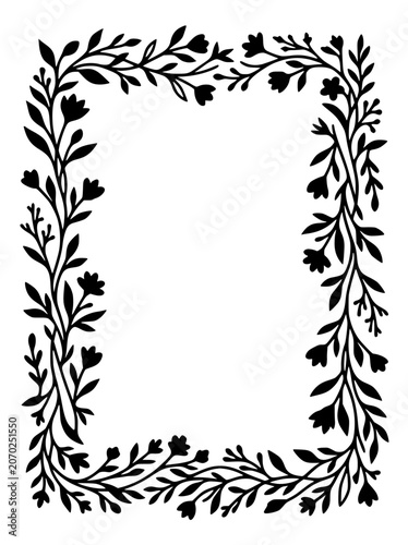 Hand Drawn Floral Border Silhouette with Botanical Elements