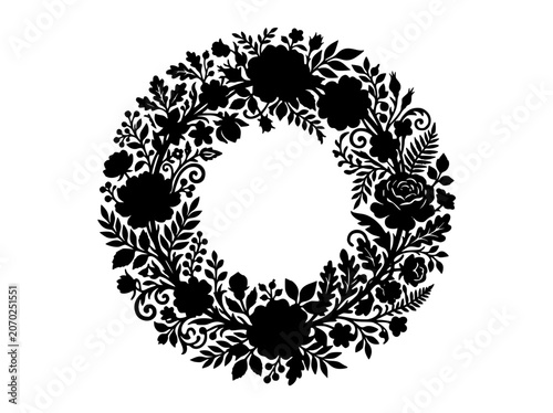 Floral wreath silhouette with roses and leaves for circular decorative frame