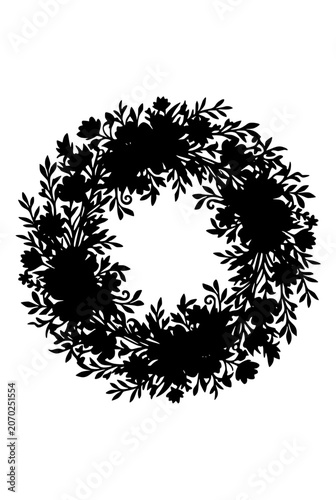 Intricate Floral Wreath Silhouette Circle Frame with Flowers and Leaves