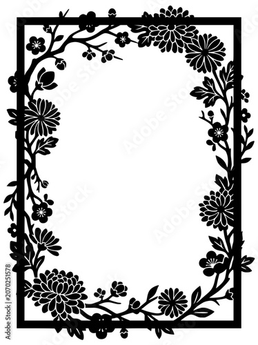 Oriental floral frame with chrysanthemum and plum blossom silhouette patterns
