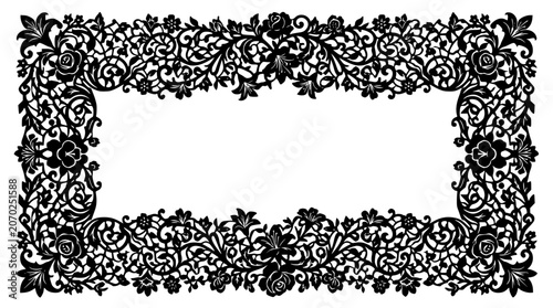 Ornate Black and White Floral Frame with Roses and Lilies Silhouette Illustration