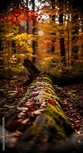 Autumn Forest Moss Covered Log in Sunlight.