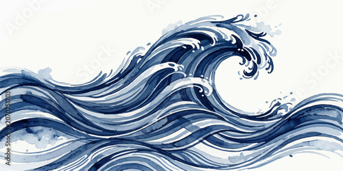 Watercolor painting of a powerful crashing blue ocean wave with hand painted watercolor crashing splashing illustration abstract movement background artistic swelling becoming