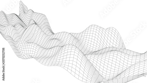 Flowing Wireframe Wave Landscape Abstract Mesh Background.