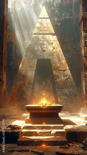 A stone temple interior features a towering pyramid structure, with a glowing altar bathed in ethereal light beams