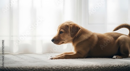 Curious brown puppy resting by sunlit window.