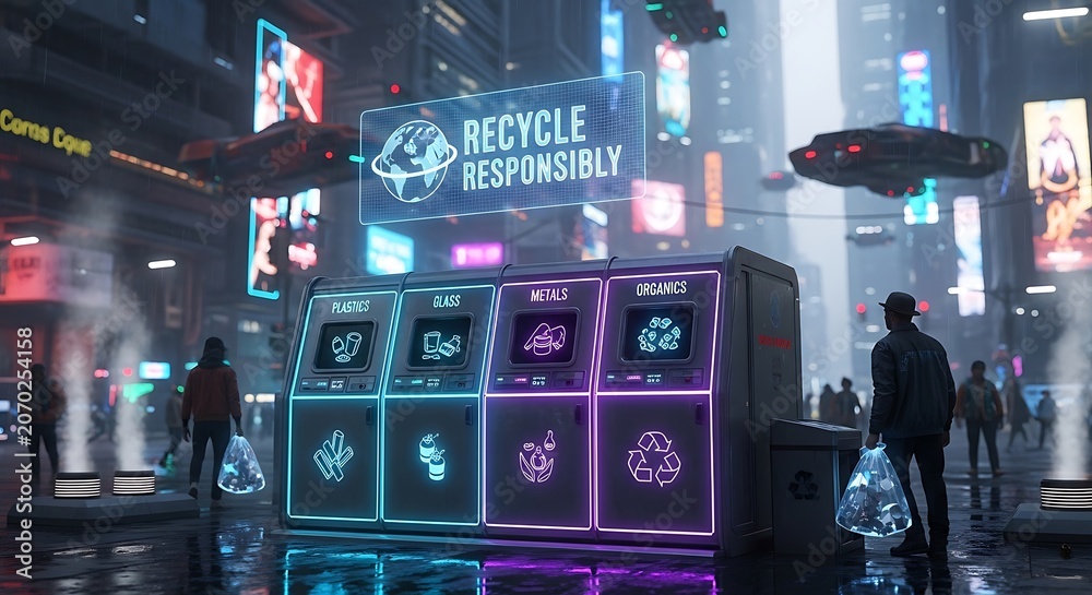Naklejka premium Futuristic neon city street with recycling bins at night.