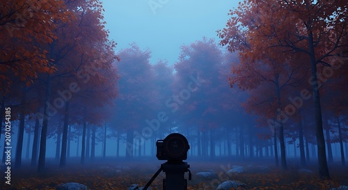 Silhouette of a Photographer in a Misty Blue Forest at Twilight.