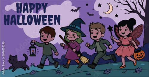 Cute 2026 happy halloween vector illustration featuring children in witch fairy costumes trick or treating, black cat, spooky night background for banner designs.