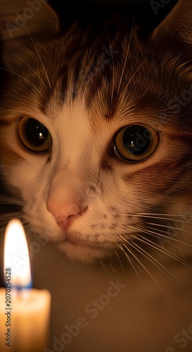 Curious cat close up with candle in dim light.