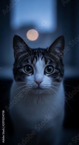 Curious Cat Staring in Low Light Night Portrait.