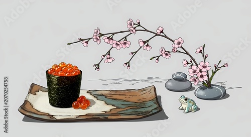 Contemporary Ikebana. single ikura gunkan (salmon roe) in a crisp nori cup, placed on a ceramic plate (sinto style), featuring a ikebana composition