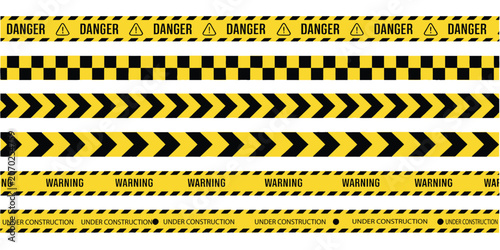 Caution tape set featuring yellow and black warning zone stripes used for danger restriction, hazard boundaries, and safety control visual design