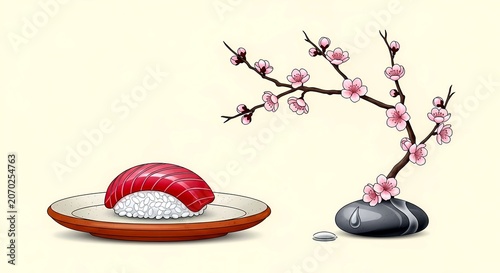 single maguro nigiri (tuna) centered on a minimalist ceramic plate (sinto style), featuring a dramatic ikebana composition.