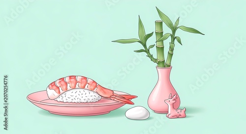 Pastel Ikebana with Bamboo. single ebi nigiri (shrimp) on a soft pink ceramic plate (sinto style), featuring a delicate ikebana.